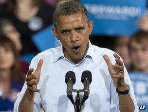 Barack Obama speaks at a campaign event in Lima, Ohio, 2 November