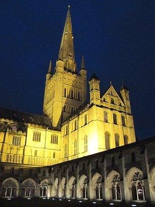 Norwich Cathedral cloisters illuminated at night