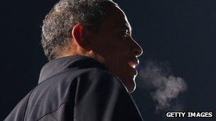 Barack Obama addressing his final campaign rally in Des Moines, Iowa