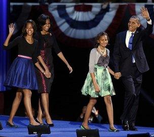 President Barack Obama waves as he walks on stage with first lady Michelle Obama and daughters Malia and Sasha at his election night party in Chicago