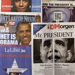 A spread of Belgian newspapers is shown in Brussels on the morning after the US elections