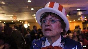 Loris Tangvik, a Romney supporter, watches as election results