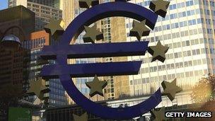 The euro symbol in front of the European Central Bank in Frankfurt