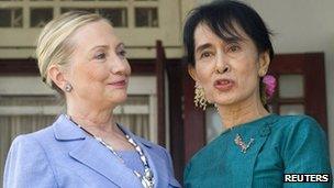 US Secretary of State Hillary Rodham Clinton, left, standing together with pro-democracy leader Aung San Suu Kyi after their meeting in Yangon, Burma December 2011