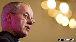 Justin Welby speaking to the press at Lambeth Palace