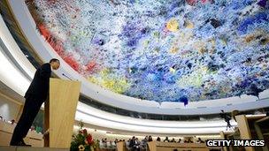 UN Secretary General Ban Ki-moon gives a speech at the UN Human Rights Council on 10/9/12