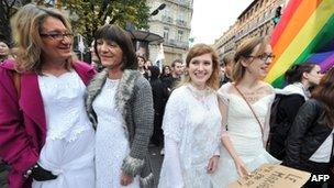 People rally in support of same-sex marriage at a counter-demonstration in Toulouse, France, 17 November 2012