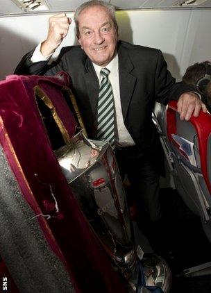 Lisbon Lion Stevie Chalmers on board Celtic's flight to Portugal with the 1967 European Cup