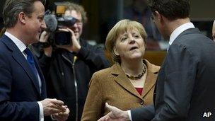 Angela Merkel with David Cameron and Dutch Prime Minister Mark Rutte. 22 Nov 2012