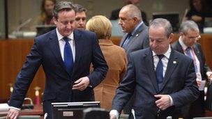 UK Prime Minister David Cameron (L) and Maltese Prime Minister Lawrence Gonzi the EU Headquarters on November.