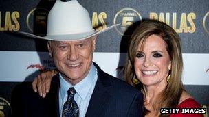 Larry Hagman and Linda Gray attend the Channel 5 Dallas Launch Party at Old Billingsgate Market on August 21, 2012 in London, England.