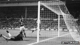 England are convinced the ball has crossed the goal-line in the World Cup final of 1966