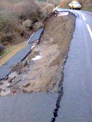 Landslip on the A548 between Llanrwst and Llangernyw in Conwy county