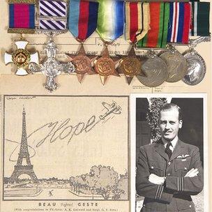 Wing Commander Ken Gatward, his medals and a cartoon depicting his wartime exploit