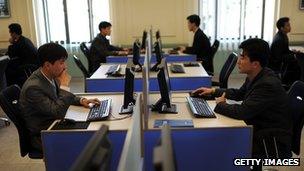 North Korean students work on their computers at Kim Il-Sung University in Pyongyang