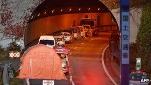 Entrance of the Sasago tunnel along the Chuo highway near the city of Otsuki in Yamanashi prefecture, 3 December 2012, following the tunnel collapsed on 2 December