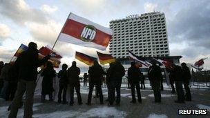 Supporters of Germany's far-right National Democratic Party (NPD) rally in Rostock, 5 December