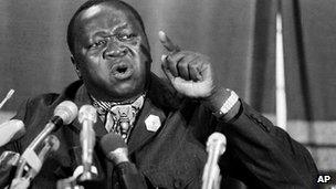 1977 photo of President of Uganda Idi Amin at a news conference at the Arab League Headquarters in Cairo, Egypt