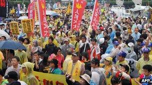 Workers taking part in a protest in Taiwan