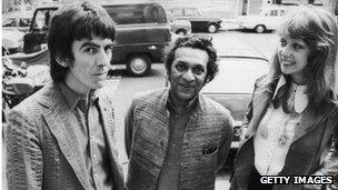 Ravi Shankar with George Harrison (left) and Patti Boyd in August 1972