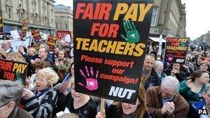 Teachers marching with banner