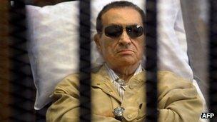 Former Egyptian leader Hosni Mubarak on trial in Cairo, 2 June 2012