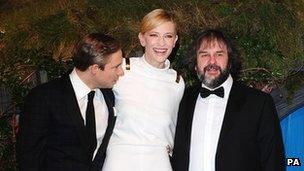 Martin Freeman, Cate Blanchett and Peter Jackson at the London premiere of The Hobbit: An Unexpected Journey