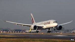 Qatar Airways' Boeing 787 Dreamliner lands at London's Heathrow airport