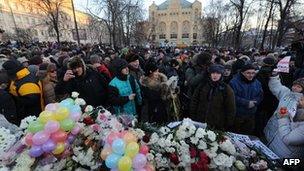 Flowers at the Solovetsky Stone in Moscow's Lubyanka Square. 15 Dec 2012