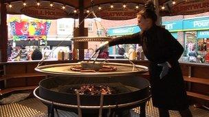 A bratwurst stall in the Bavarian Fair