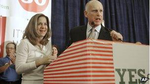 Governor Jerry Brown and his wife Anne thank supporters at an election night party in November