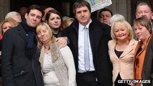 Families of Hillsborough victims with Labour MPs outside the High Court