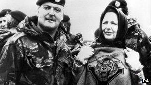 Margaret Thatcher and UK soldiers in the Falklands