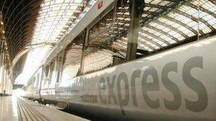 A Heathrow Express train at Paddington Station in London