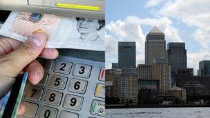 cash machine and bank buildings at Canary Wharf