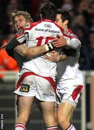 Ulster's Andrew Trimble is congratulated by Jared Payne and Adam D'Arcy after scoring a try