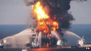 Smoke and flames rise from the Deepwater Horizon wellhead in the Gulf of Mexico