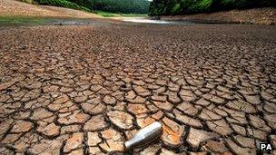 Dry reservoir in the Peak District during the heatwave in 2006