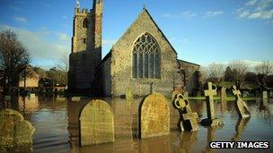 A flooded church yard in Worcester, December 2012