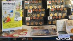 A souvenir stall selling coins in the Vatican