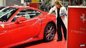 A Ferrari being checked at the company's factory in Maranello, Italy