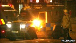 A petrol bomb was thrown at a PSNI vehicle on Castlereagh Street at about 19:40 GMT