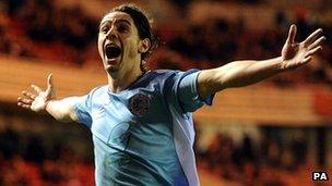 Bradley Goldberg of Hastings United celebrates his goal at Middlesbrough