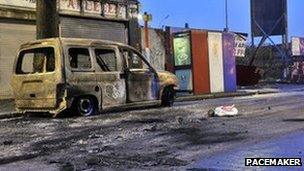 A burnt out van on the Newtownards Road in east Belfast