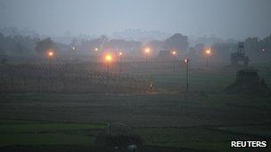 Indian security posts are seen along the border between India and Pakistan in Suchetgarh, southwest of Jammu, January 6, 2013.