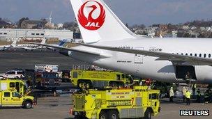 Fire engines surround Boeing Dreamliner in Boston