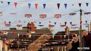 Union flags and bunting in a street in south Belfast