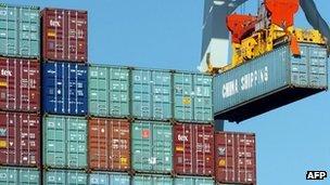 Cargo containers being unloaded