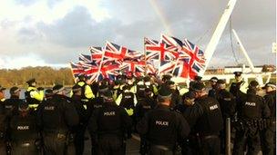 A loyalist flags protest at Derry's peace bridge