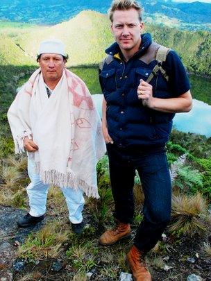 Dr Jago Cooper with Muisca guardian Enrique Gonzalez at Lake Guatavita